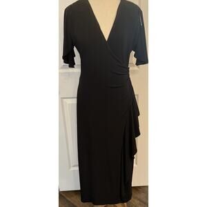 J Peterman Cocktail Dress LBD Sz 6 Black Ruched Rhinestones Ruffle Button Detail